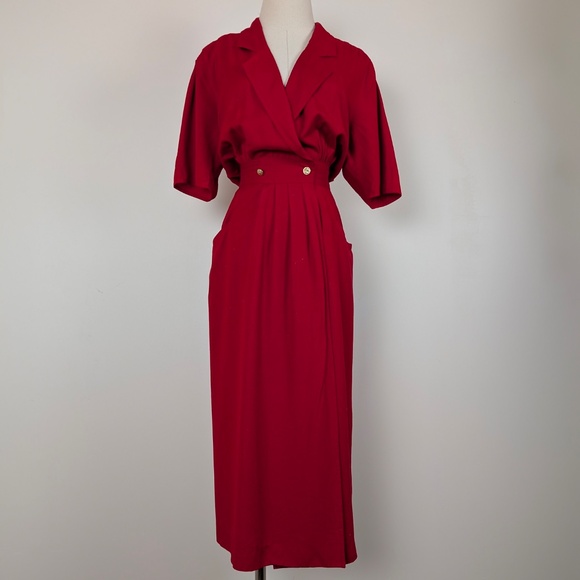 80s Rouie Raw Silk Dress Midi Wrap Asymmetrical Collar Double Breasted Vintage - Picture 12 of 15